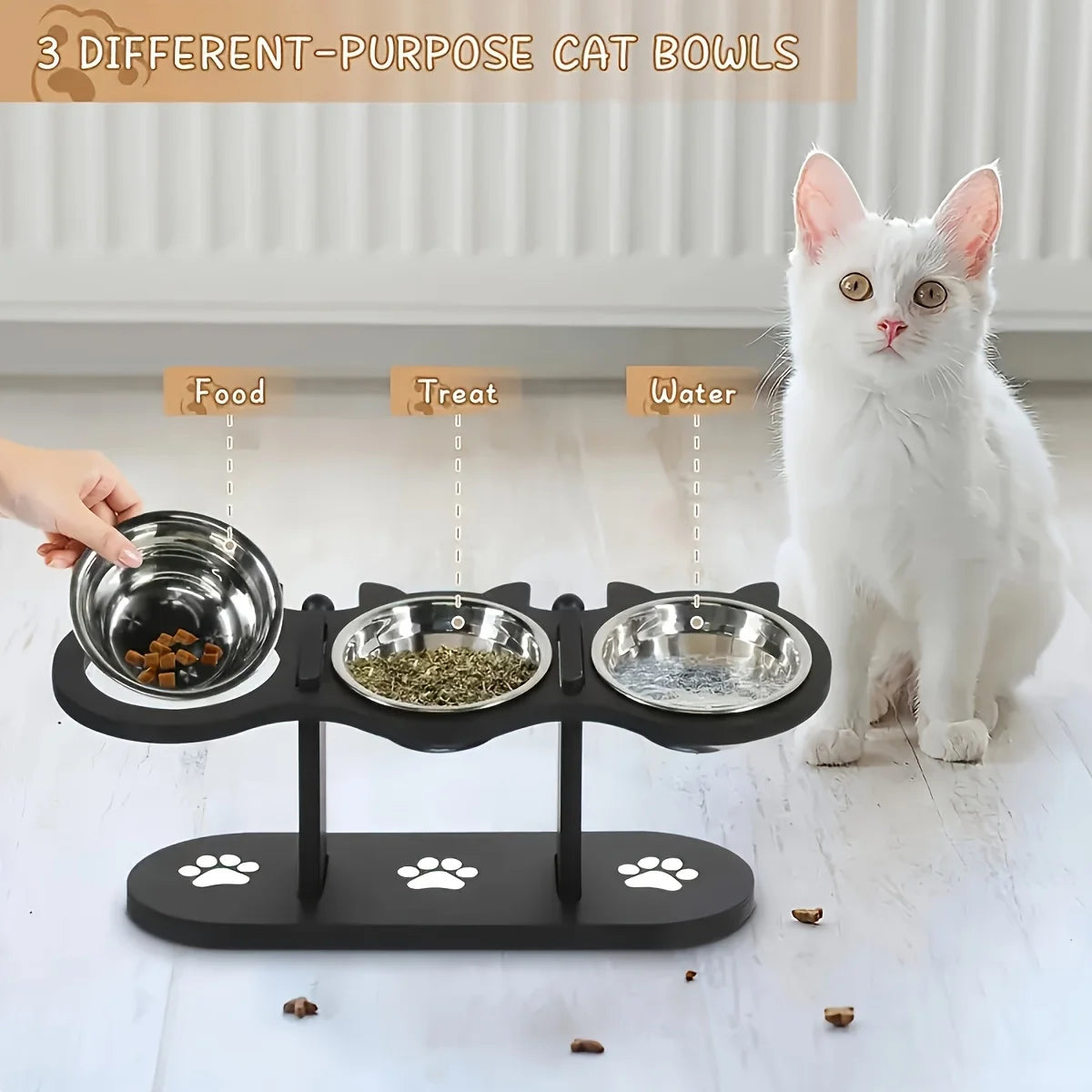 Raised Cat Bowls With Wooden Stand And Stainless Steel Bowls