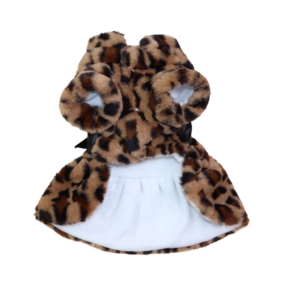 Winter Autumn Pet Warm Fashion Skirt Fleece Rainbow Candy Color Cute Plush Leopard Print Bow Dog Dress