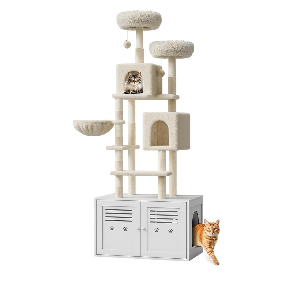 75.6 Inch Tall Cat Tree with Litter Box Enclosure 2 in 1 Modern Large Cat Tower for Indoor Cats with Double Condos and Scratching Posts