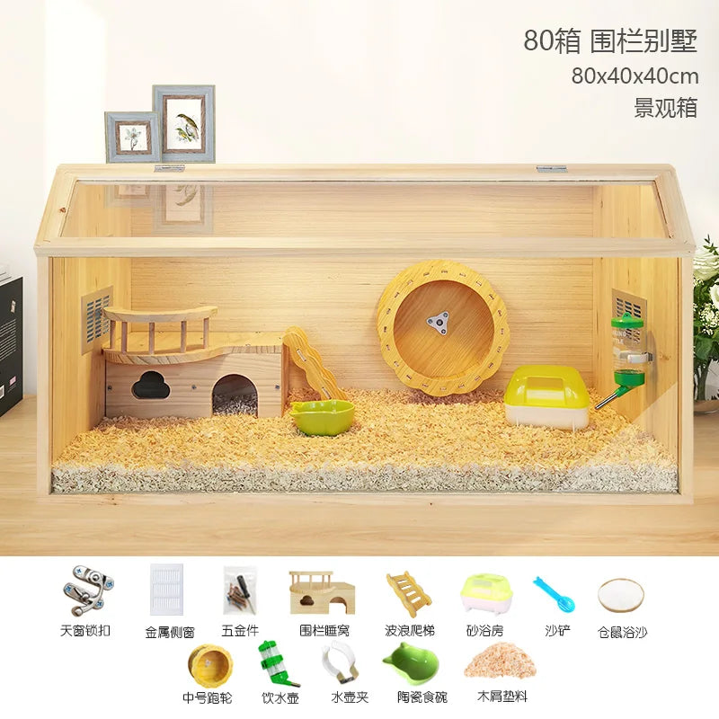 Wooden Hamster Cage Luxury Villa With Hideout Lock