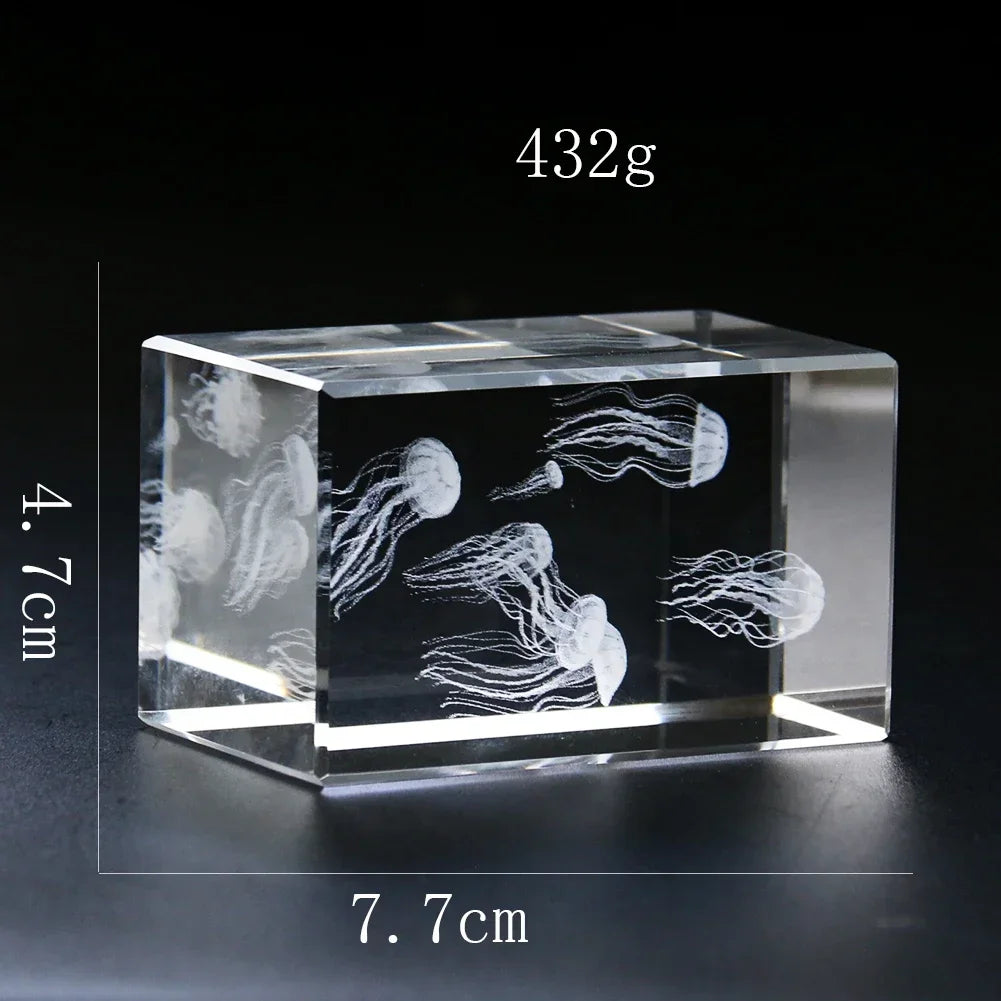 3D Laser Carving Jellyfish Crystal Cube Glass Crafts Figurines Miniatures Sculpture Paperweight Ocean Home Decor Gift Photo Prop