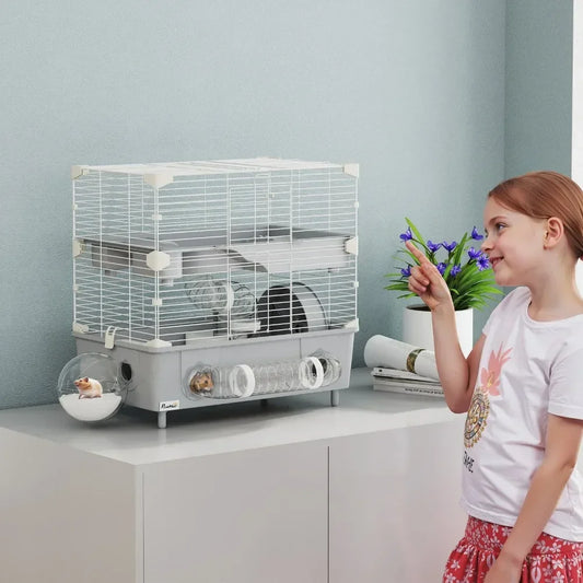 2 Tier Hamster Cage Hamster Habitat with Accessories Gray