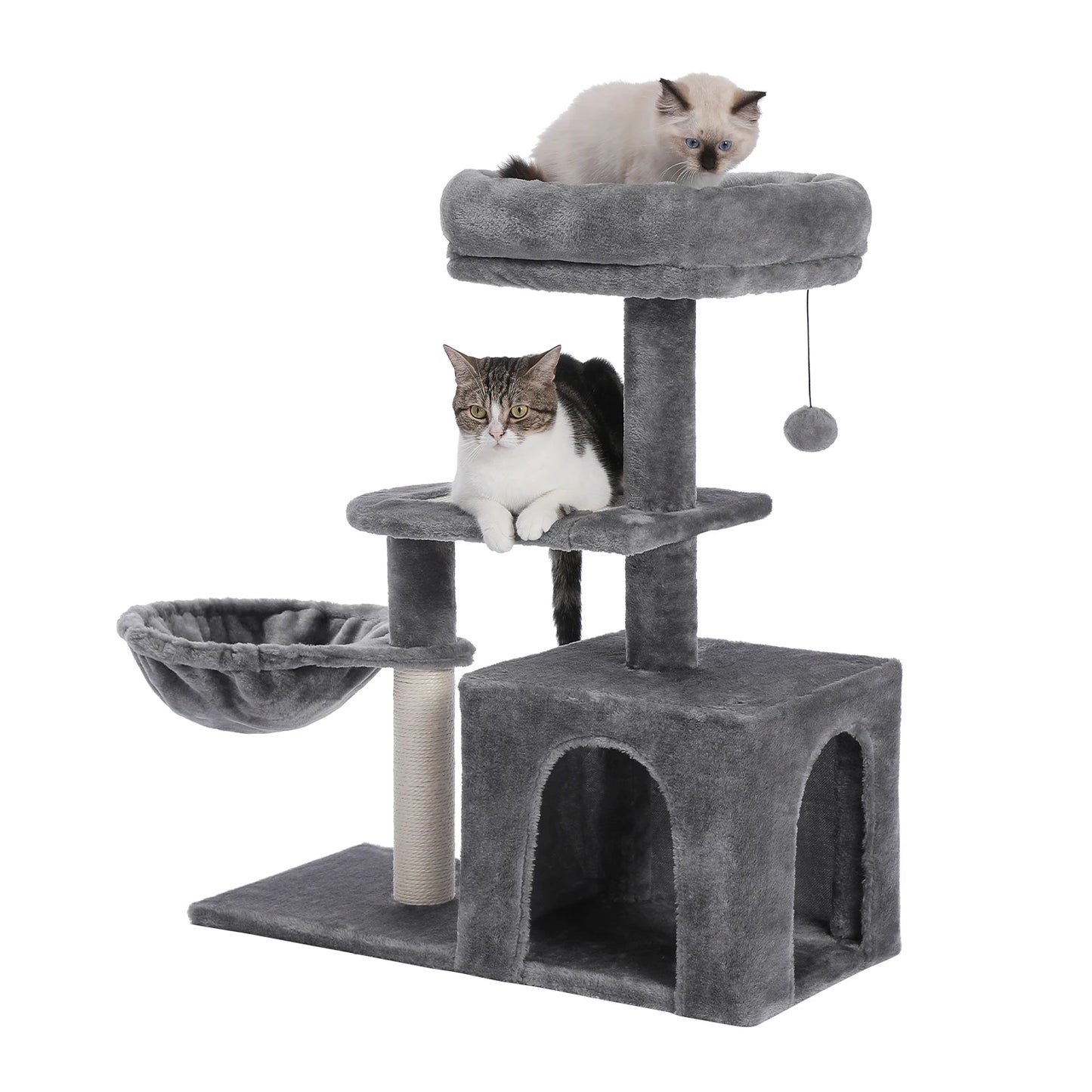 H228cm Cat Tree Toy Condo Multi-Layer Climbing Tower with Hammock Solid Wood Post for Cats
