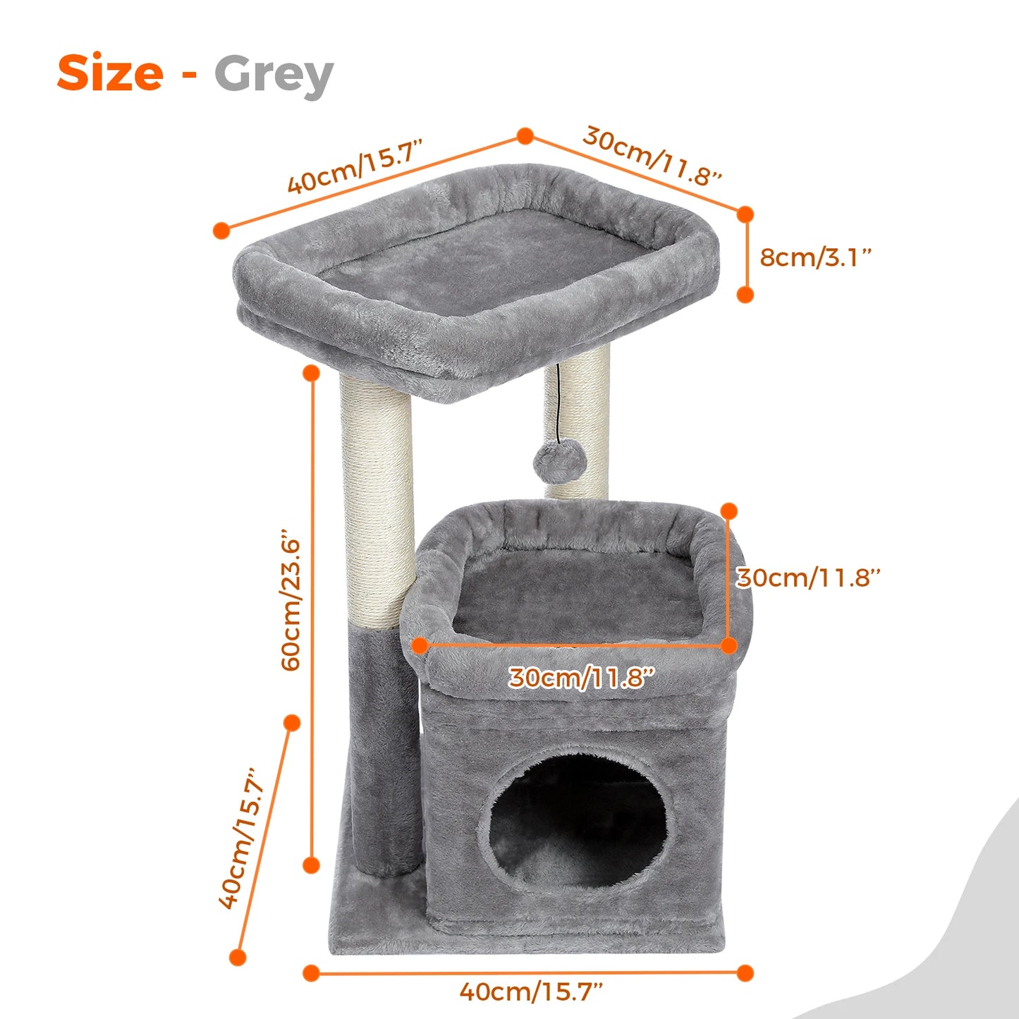 H228cm Cat Tree Toy Condo Multi-Layer Climbing Tower with Hammock Solid Wood Post for Cats