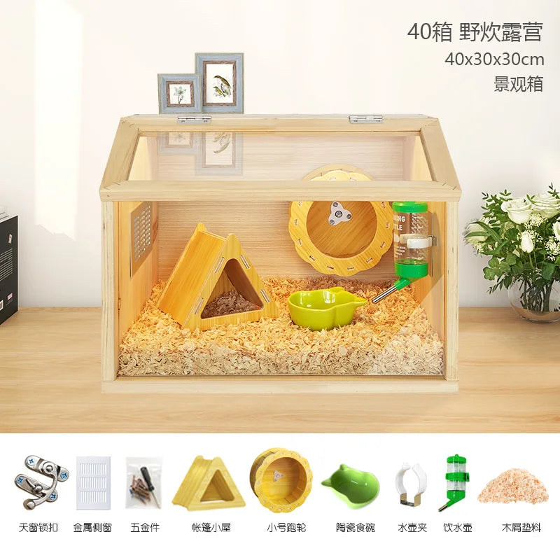 Wooden Hamster Cage Luxury Villa With Hideout Lock