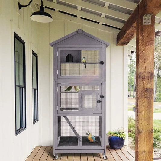 Outdoor Bird Aviary, Wooden Large Bird Cage on Wheels, Play Stand, Perches, Nest Habitat, Wire Mesh Included for Spacious Living