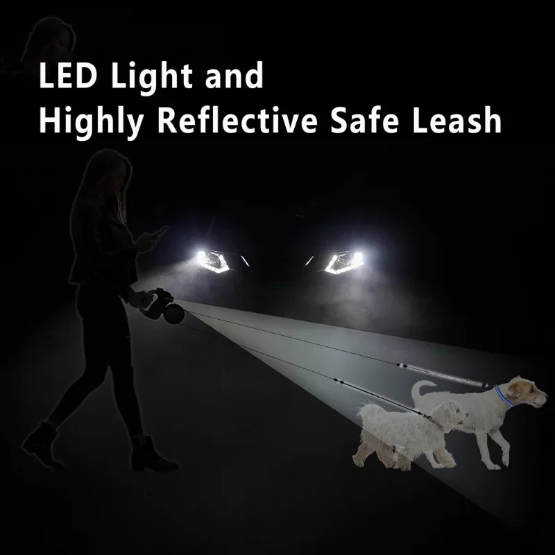 Retractable Dual Dog Leash With LED Light 360 Swivel