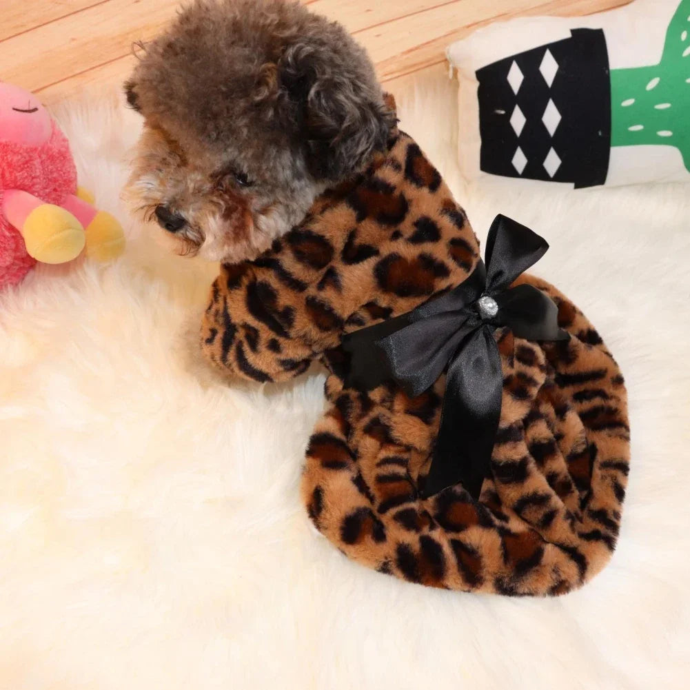 Winter Autumn Pet Warm Fashion Skirt Fleece Rainbow Candy Color Cute Plush Leopard Print Bow Dog Dress