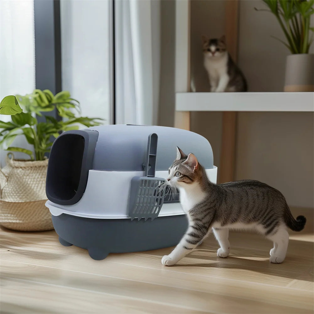 Large Cat Litter Box Enclosed with Scoop Odorless Hooded Litter Tray Deep Cat Toilet Pan Easy Clean Non-Stick
