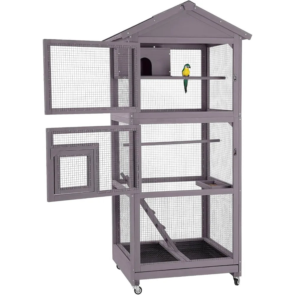 Bird Cage Outdoor Wooden Aviary Indoor 70 Inch Large Parrot Cage with 4 Casters Flight Bird Cages for Parrot Lovebirds Finches