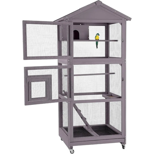 Bird Cage Outdoor Wooden Aviary Indoor 70 Inch Large Parrot Cage with 4 Casters Flight Bird Cages for Parrot Lovebirds Finches