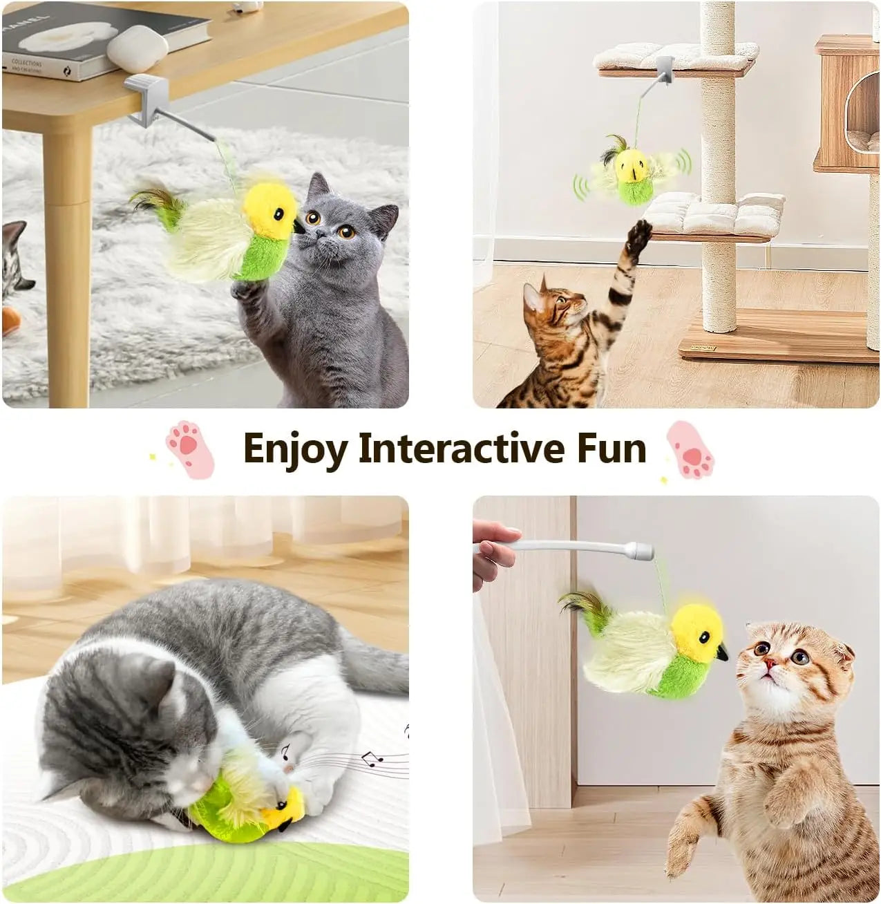 Migipaws Interactive Flapping Bird Cat Toys with Rod, clamp, Elastic String and Catnip, A