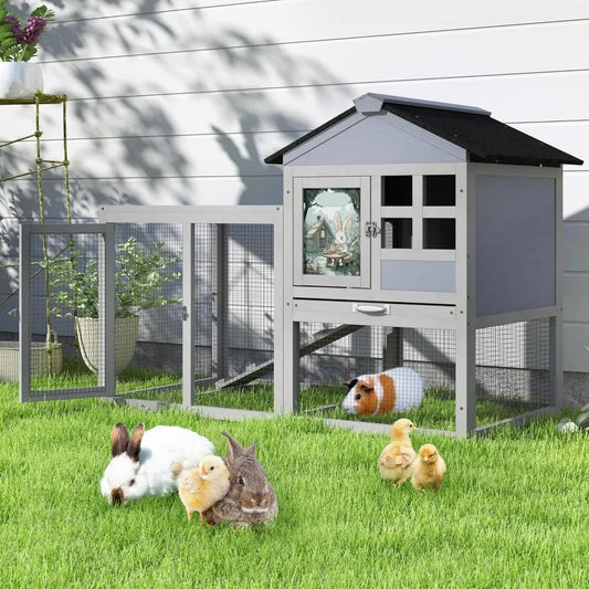 48 Inch Large Rabbit Cage Bunny Hutch Outdoor Indoor Expandable Two Story Wooden Small Animal Cage with Run Removable Tray Top Open