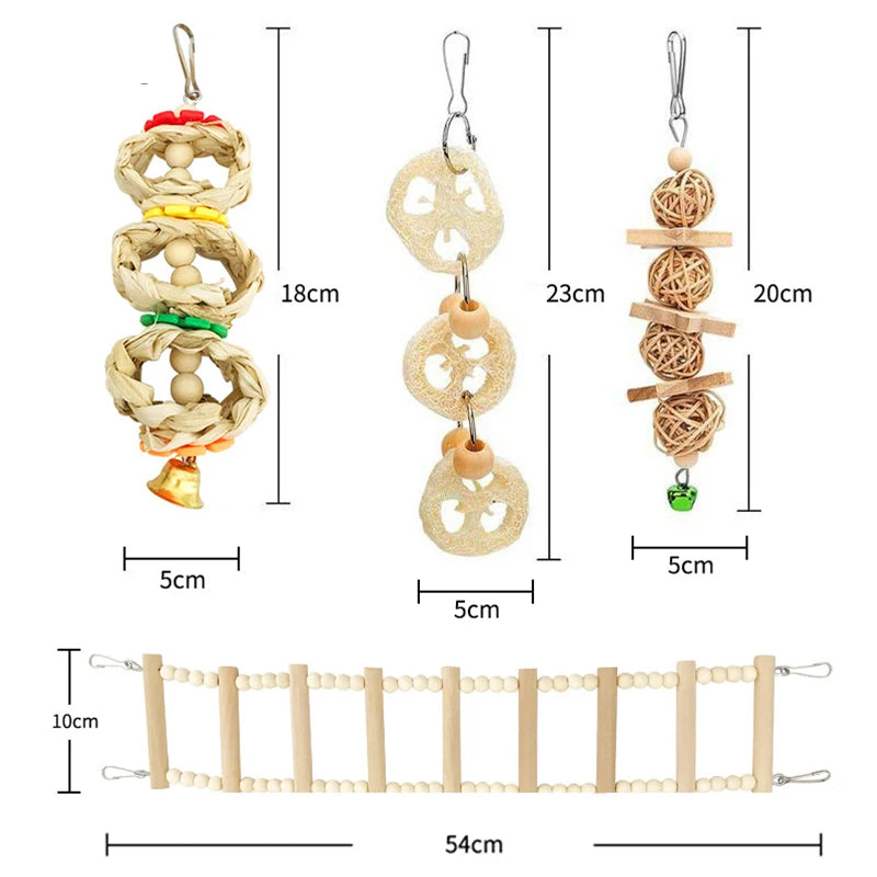 8 Pieces Combination Parrot Bird Toys Natural Wood Swing Perch Climb Toys for Bird Cage Pet Supplies