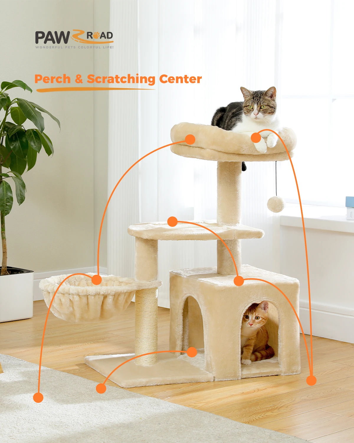 Cat Tree Cat Tower for Indoor Cats with Big Hammock Removable Top Perch and Scratching Posts Grey