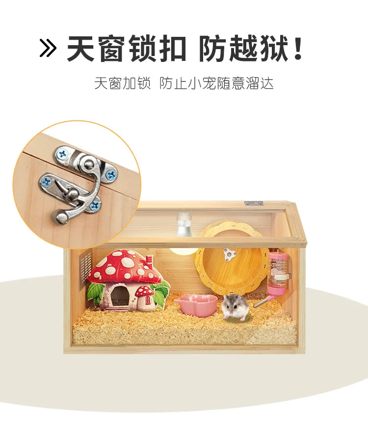 Wooden Hamster Cage Luxury Villa With Hideout Lock