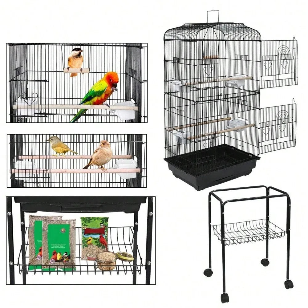 59 Inch Tall Rolling Bird Cage for Cockatiel Parakeet Finch Canary with Stand and Tray