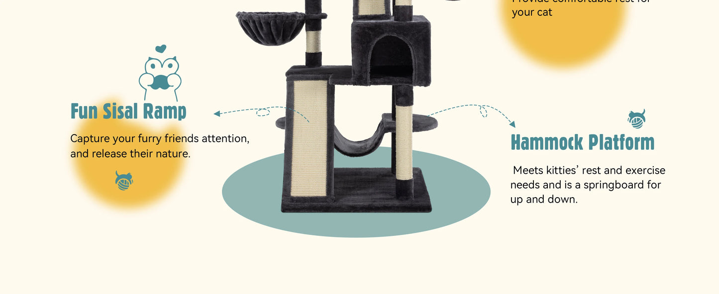 Hoomic 65 Inch Multi Level Large Cat Tree Tower Cozy Plush Cat Perches Cat Condo with Baskets Sisal Scratching Post