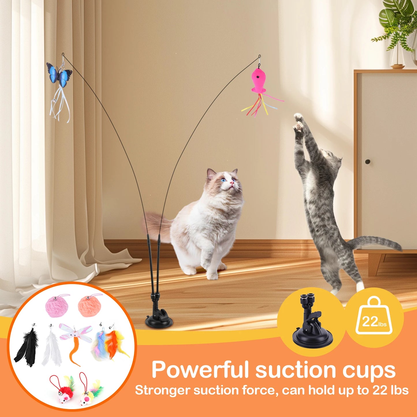 Pet Cat Toy Set Suction Cup Toy Set Double Headed Replacement Head Toy Suit Handfree Cat Toy Stick for Floor Glass Door Panel
