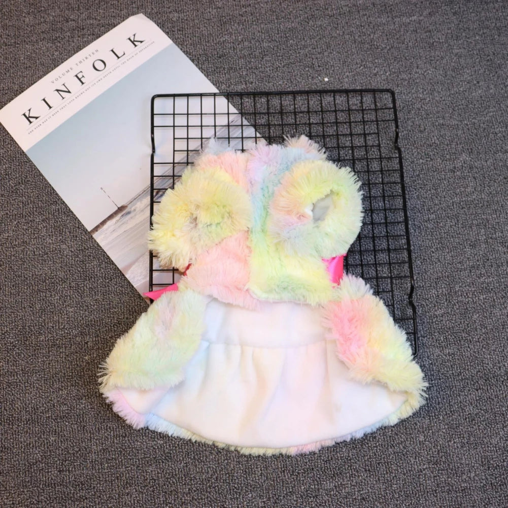 Winter Autumn Pet Warm Fashion Skirt Fleece Rainbow Candy Color Cute Plush Leopard Print Bow Dog Dress