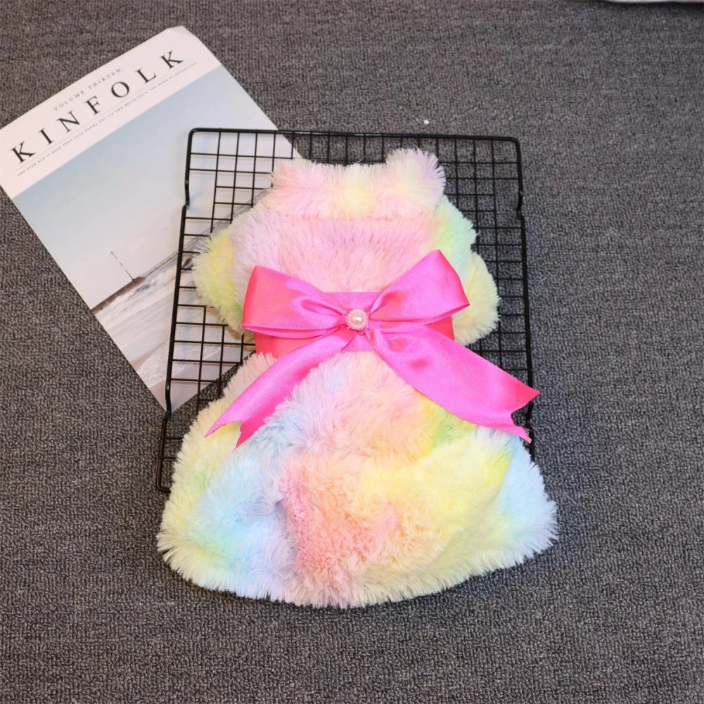 Winter Autumn Pet Warm Fashion Skirt Fleece Rainbow Candy Color Cute Plush Leopard Print Bow Dog Dress