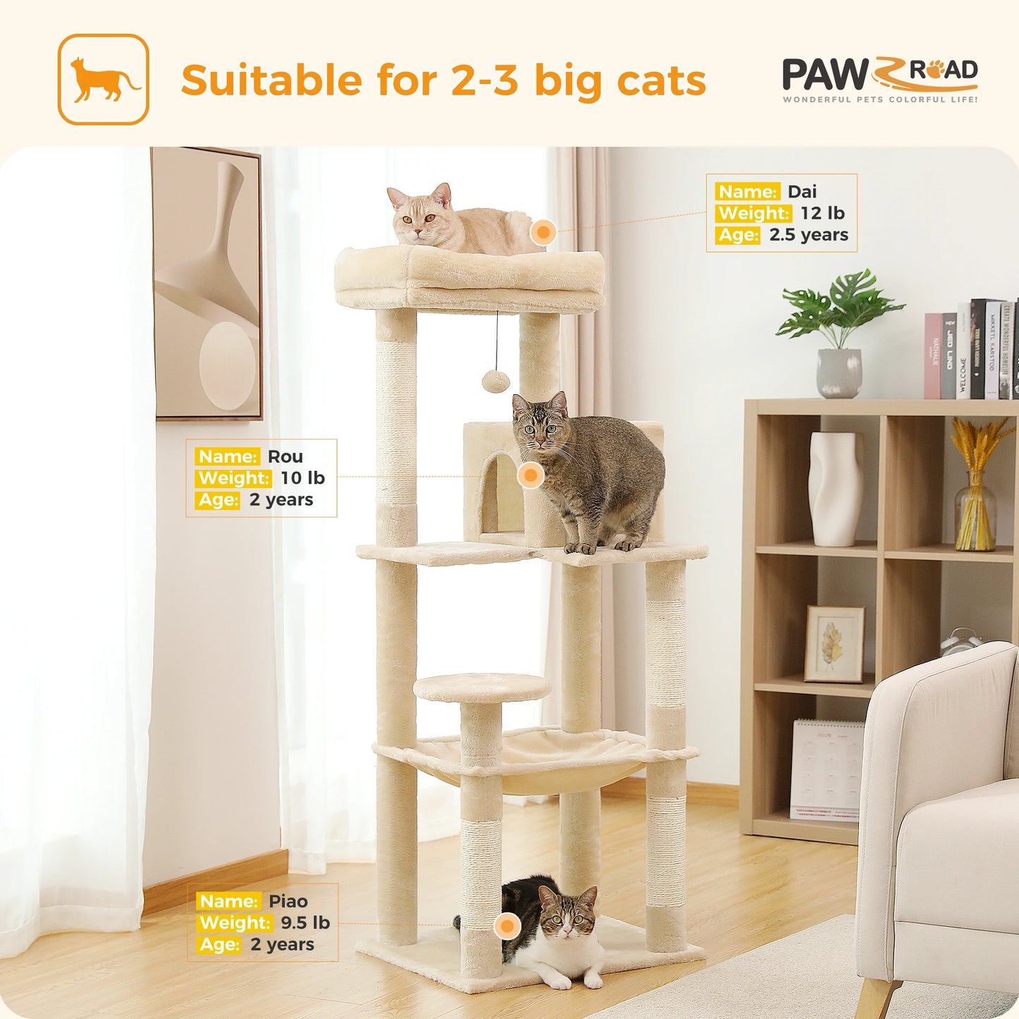Cat Tree for Indoor Cats 5 Level Cat Tower with Large Hammock and Cozy Condo for Large Cats