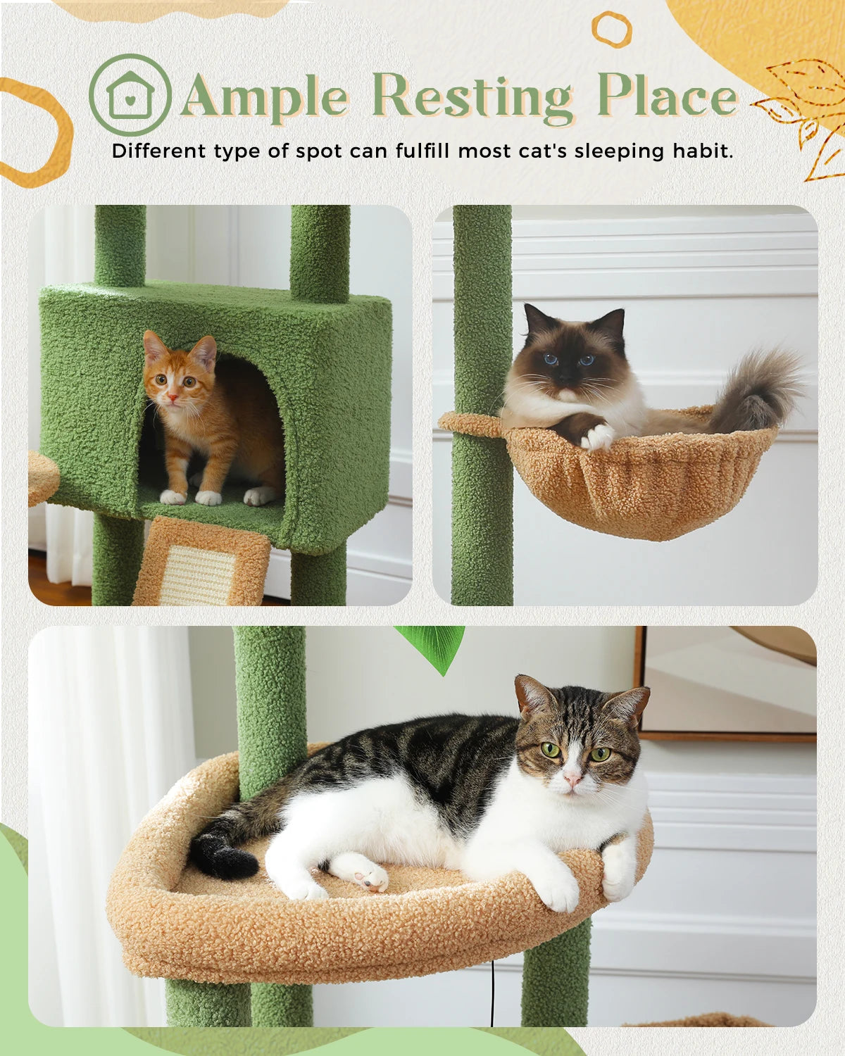 H135CM Cat Tree for Indoor Use with Sisal Scratching Posts Multi-Level Cat Tower with Spacious Condo and Hammock for Kittens