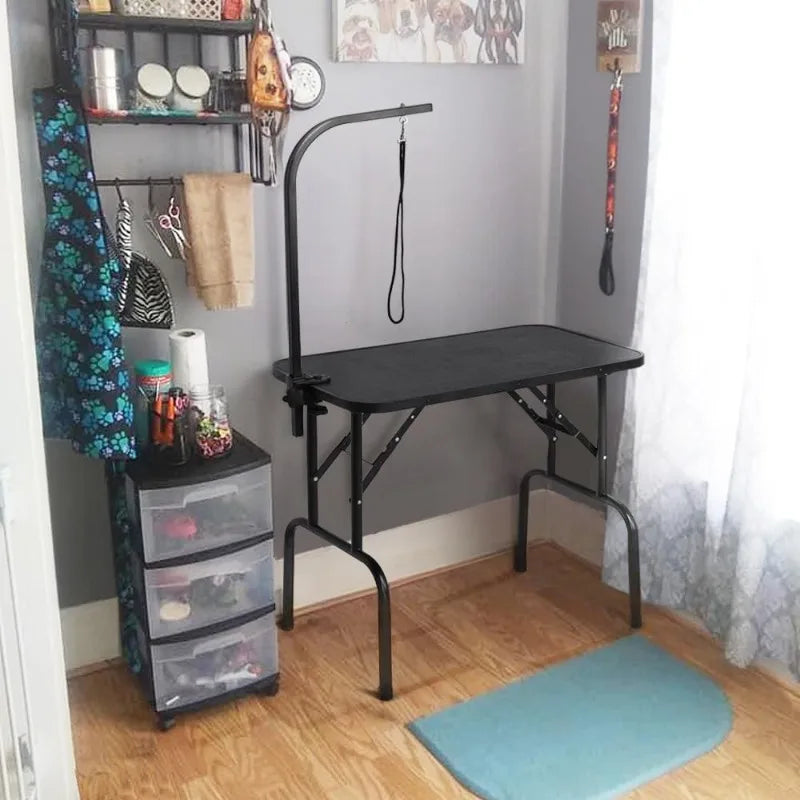 32-inch Foldable Pet Dog Grooming Table with Adjustable Height Arm Drying Table for Home w/Noose for Small Dogs Cats N