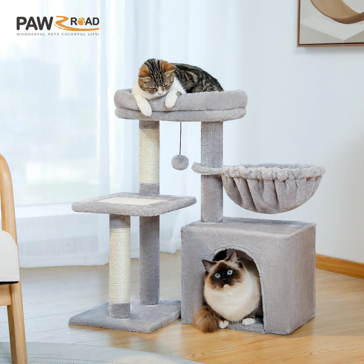 Cat Tree Cat Tower for Indoor Cats with Big Hammock Removable Top Perch and Scratching Posts Grey