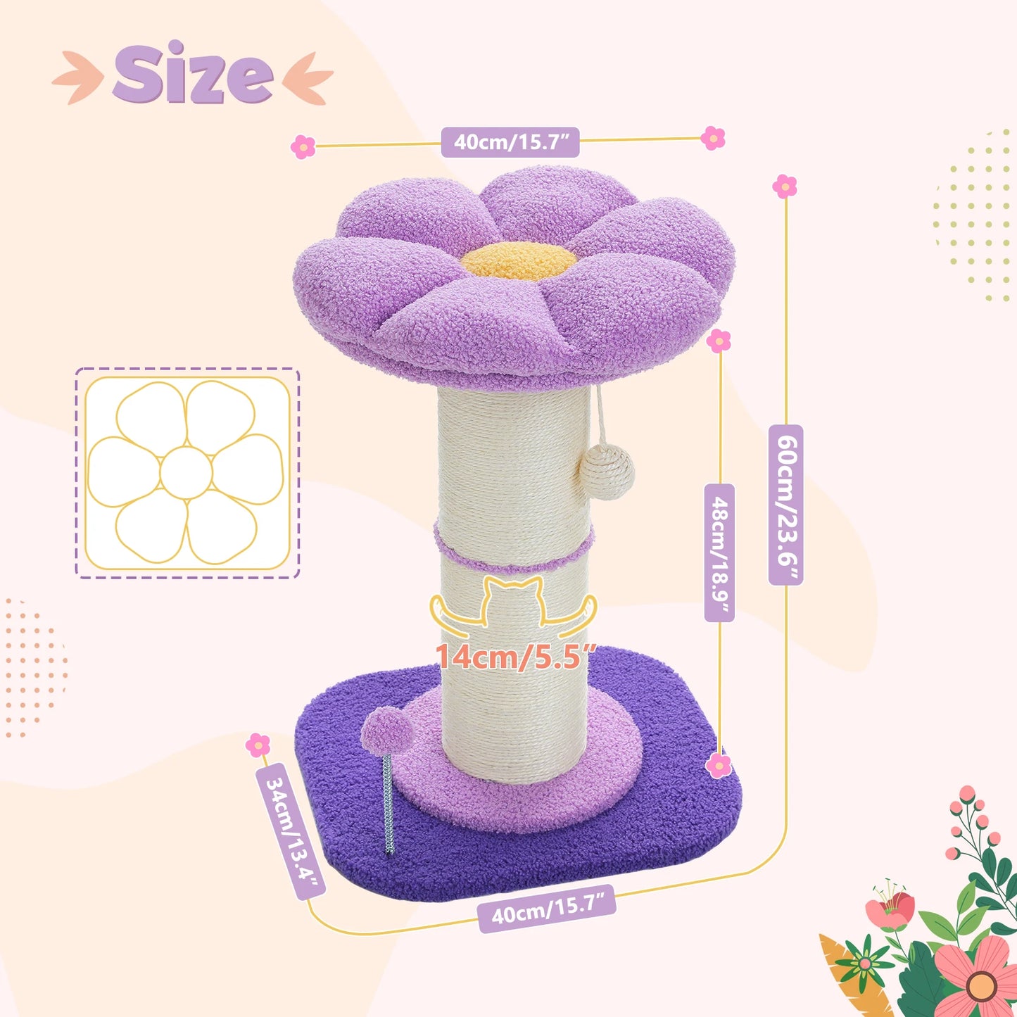 Flower Cat Scratching Post Small Cat Tree Tower Cat Scratcher Indoor Cats Super Thick Scratching Post Removable Cat Bed