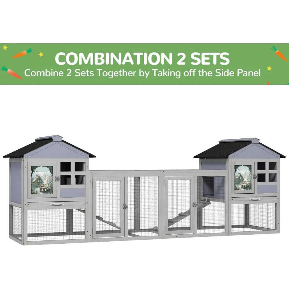 48 Inch Large Rabbit Cage Bunny Hutch Outdoor Indoor Expandable Two Story Wooden Small Animal Cage with Run Removable Tray Top Open