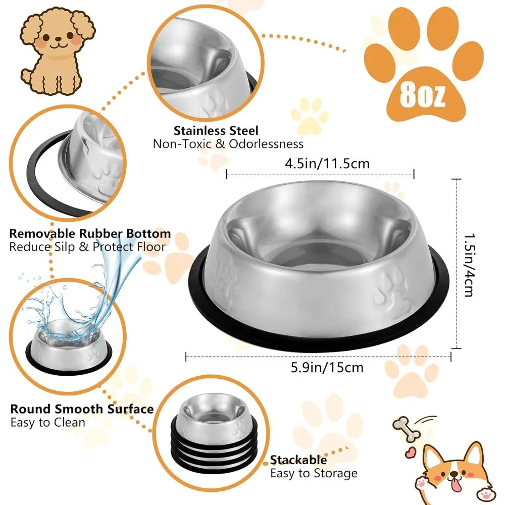 Stainless Steel Cat Bowl, 4 Pack Metal Dog Bowls for Food and Water, Non-Slip Pet Feeding Dish Bowl with Rubber Base for Indoor