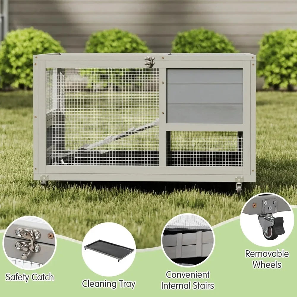 Fashionable Wood 36 Inch Rabbit Hutch Indoor on Wheels Bunny Cage Outdoor Rabbit Cage with Clean Tray and Openable Roof