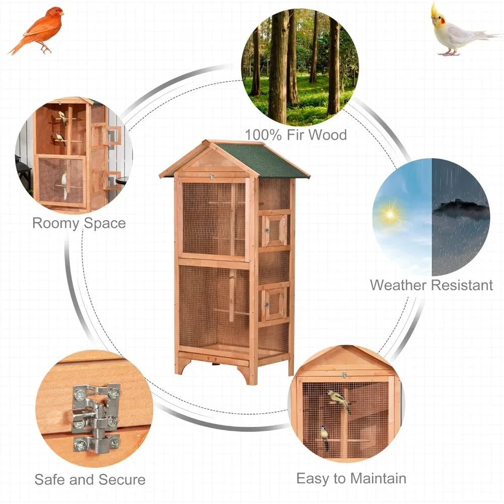 60 Inch Wooden Outdoor Bird Cage for Finches and Parakeets Large Bird Cage with Removable Bottom Tray and Four Perches Orange