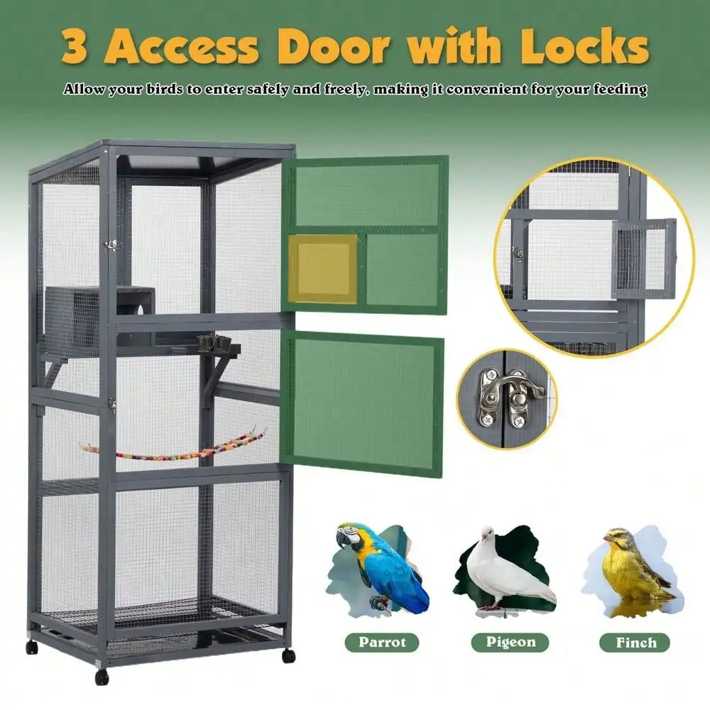 68 Inch Large Wood Bird Cage on Wheels Outdoor Aviary with Pull Out Tray