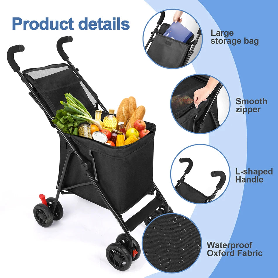 Shopping Cart Folding Portable  Durable Lightweight Market Purchase Bag Trolley with 4 Wheels,Pet Stroller,For Picnic