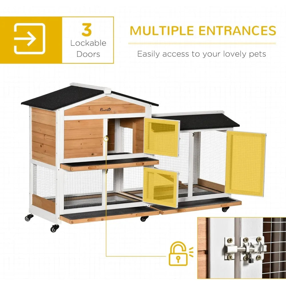 62 Inch Rabbit Hutch Wooden Bunny Hutch Guinea Pig Cage Small Animal Enclosure with Wheels Run Area Removable Tray Asphalt Roof