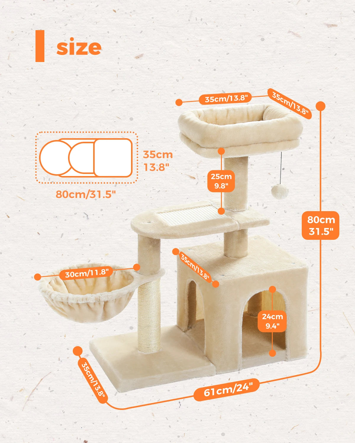 H228cm Cat Tree Toy Condo Multi-Layer Climbing Tower with Hammock Solid Wood Post for Cats