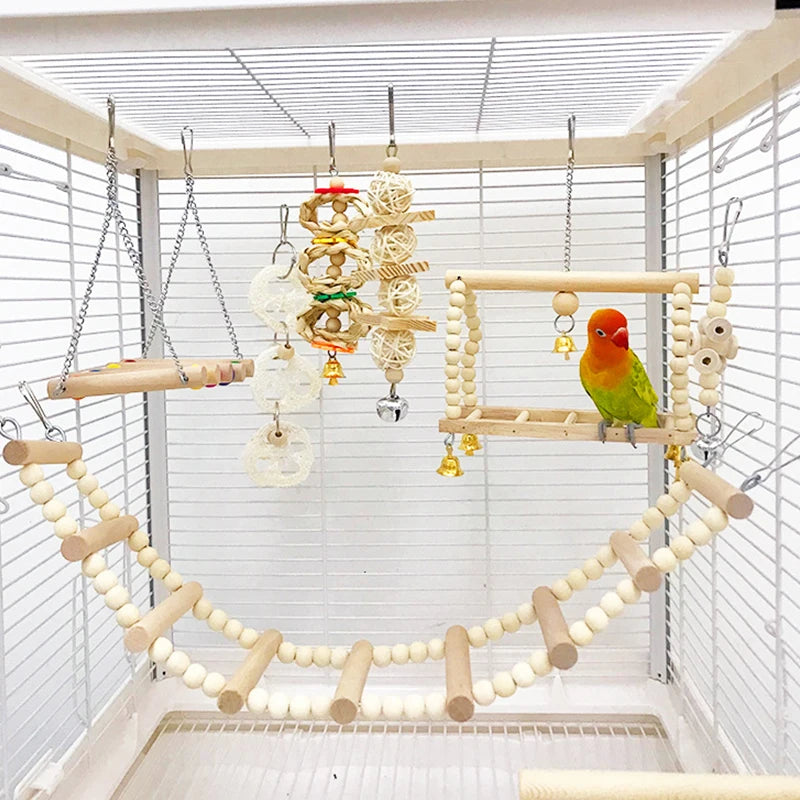 8 Pieces Combination Parrot Bird Toys Natural Wood Swing Perch Climb Toys for Bird Cage Pet Supplies