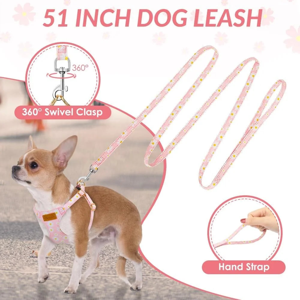 No Pull Dog Harness Adjustable Lightweight Soft Floral Pattern Pet Safety Leash Step-in Design Perfect Small Medium Dogs