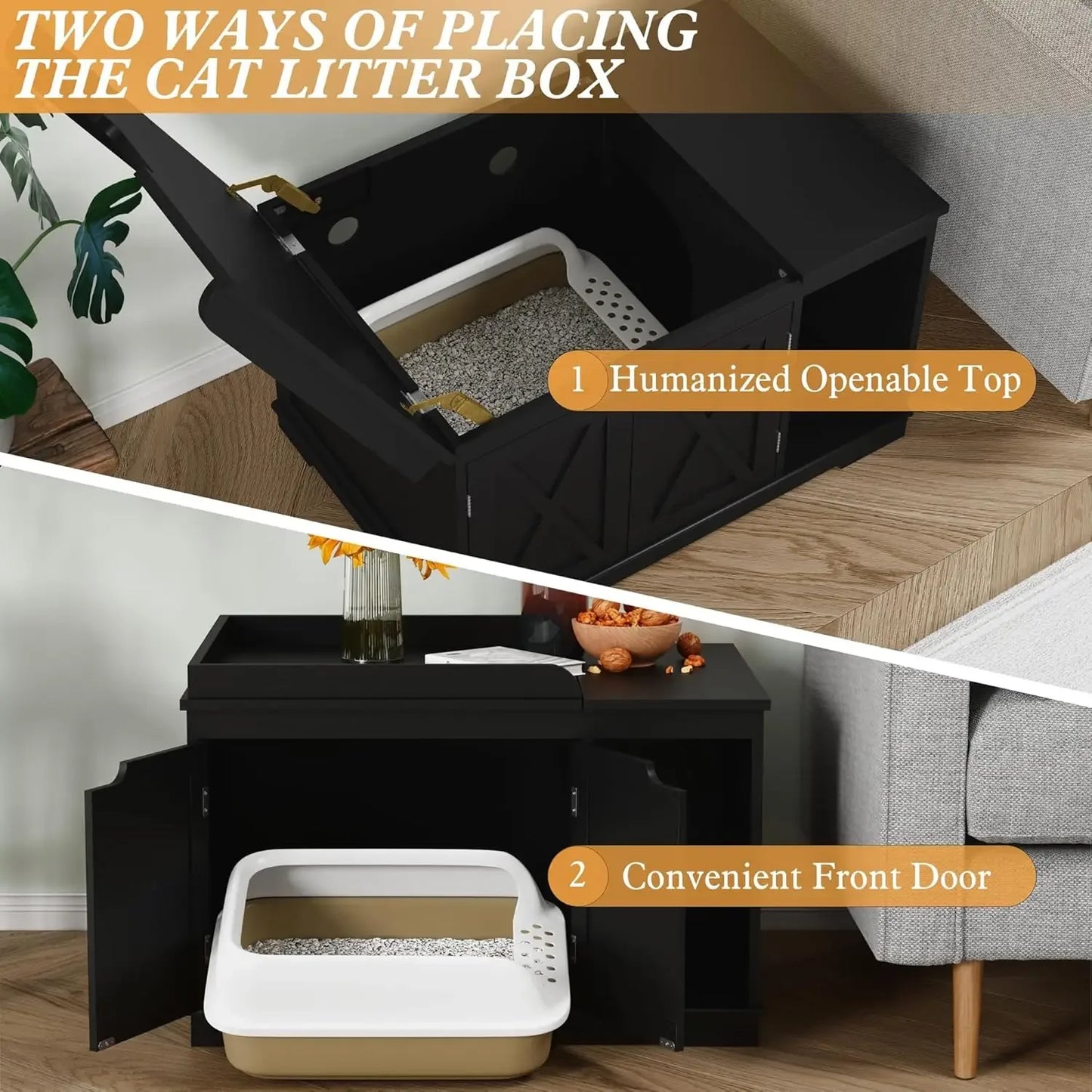 Flip Top Wooden Cat Litter Box Enclosure Hidden Cabinet