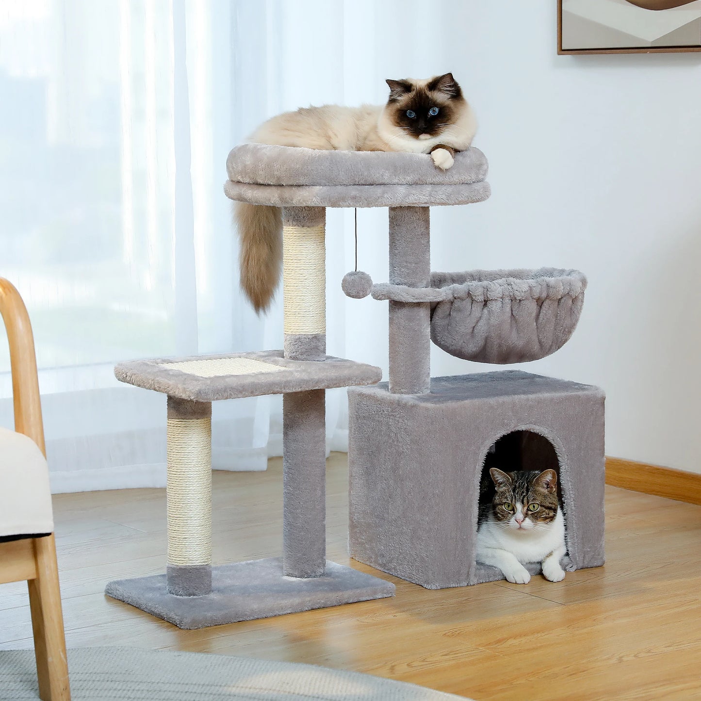 Cat Tree Cat Tower for Indoor Cats with Big Hammock Removable Top Perch and Scratching Posts Grey