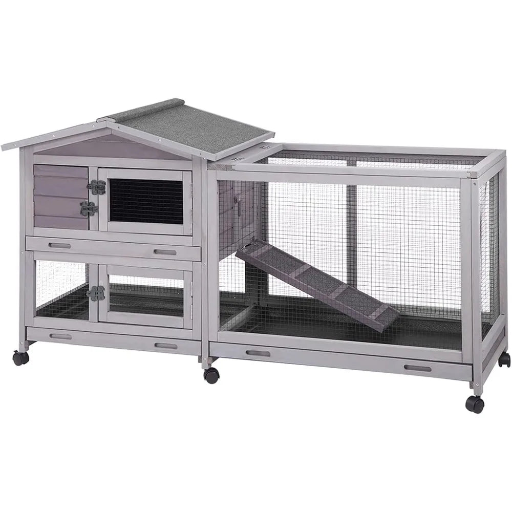 Farm Animals Outdoor Rabbit Hutch And Guinea Pig Cage With Casters And Waterproof Tray