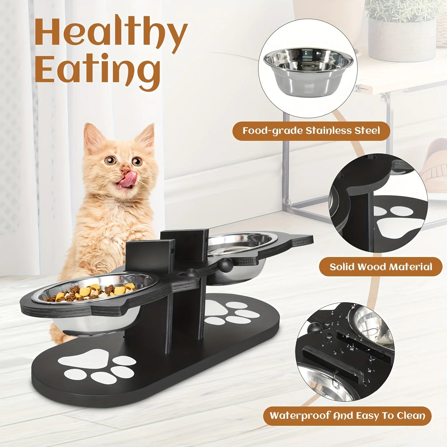 Raised Cat Bowls With Wooden Stand And Stainless Steel Bowls