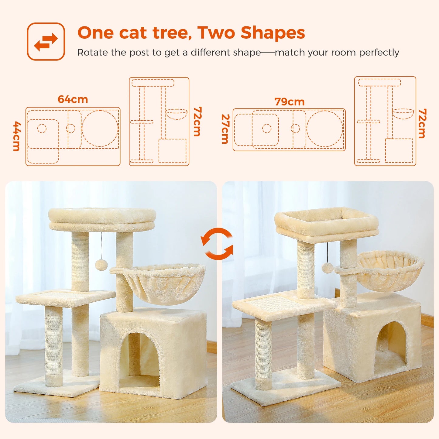 Cat Tree Cat Tower for Indoor Cats with Big Hammock Removable Top Perch and Scratching Posts Grey