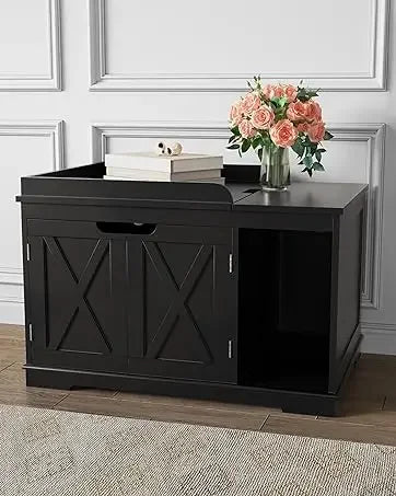 Flip Top Wooden Cat Litter Box Enclosure Hidden Cabinet