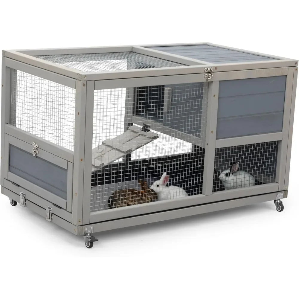Fashionable Wood 36 Inch Rabbit Hutch Indoor on Wheels Bunny Cage Outdoor Rabbit Cage with Clean Tray and Openable Roof