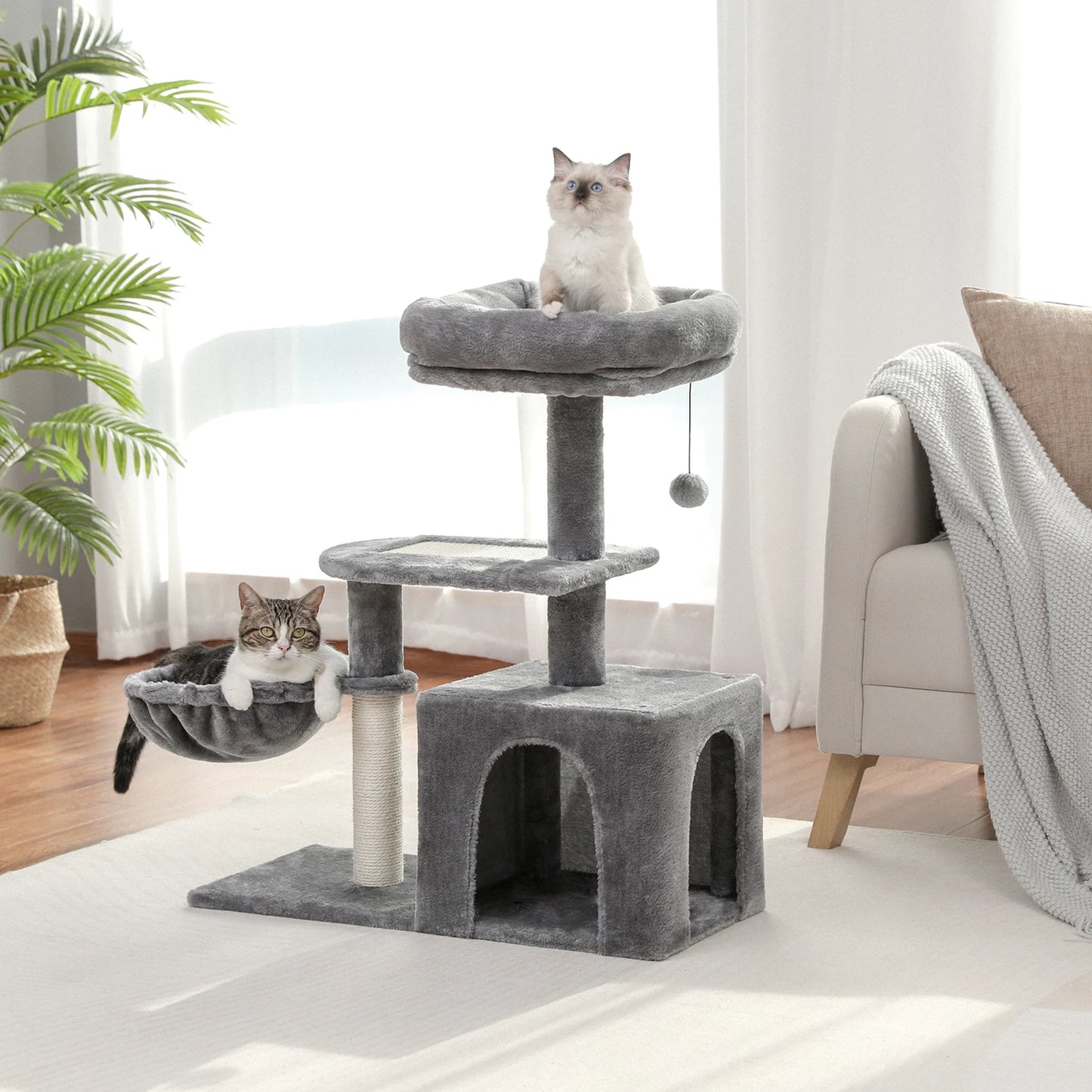 H228cm Cat Tree Toy Condo Multi-Layer Climbing Tower with Hammock Solid Wood Post for Cats
