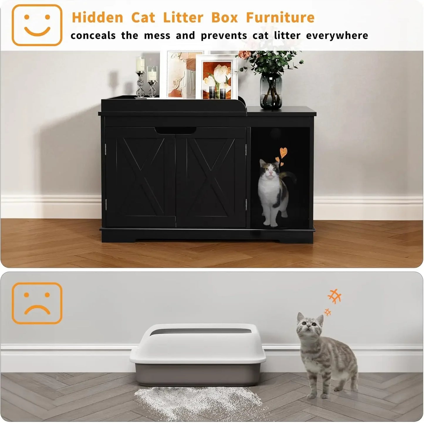 Flip Top Wooden Cat Litter Box Enclosure Hidden Cabinet