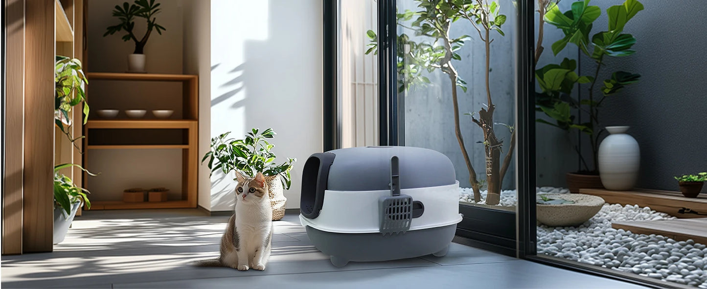 Large Cat Litter Box Enclosed with Scoop Odorless Hooded Litter Tray Deep Cat Toilet Pan Easy Clean Non-Stick
